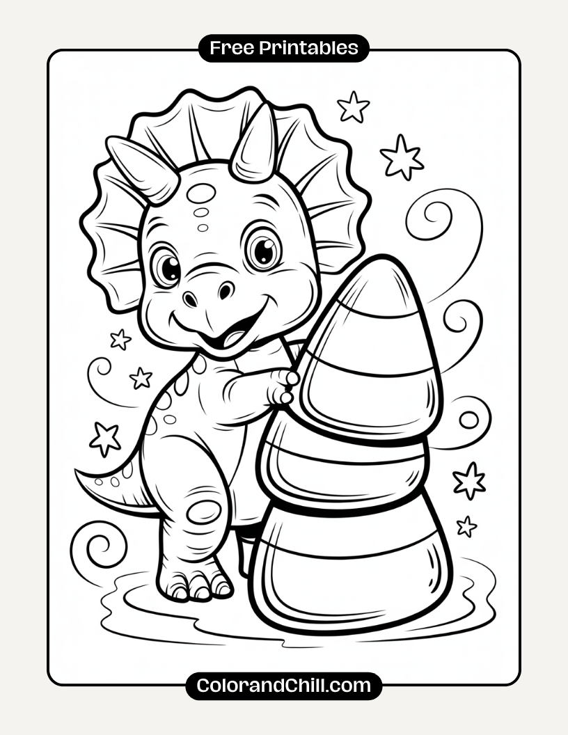 1.Dinosaur-Standing-Next-to-a-Giant-Candy-Corn-Stack-Coloring-Page