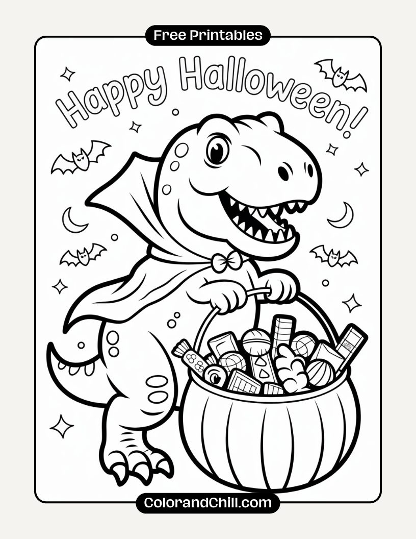 1.T-Rex-Dressed-as-a-Vampire-Holding-a-Pumpkin-Bucket-Coloring-Page