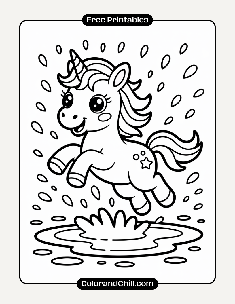1.Unicorn-Splashing-in-a-Puddle-Coloring-Page