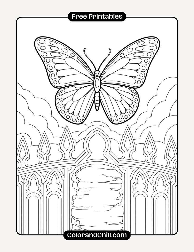 10.Butterfly-Flying-Over-a-Graveyard-Fence-Coloring-Page