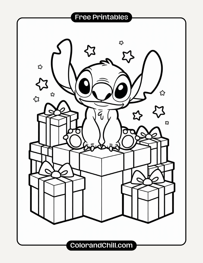 13.Stitch-Sitting-on-Top-of-a-Pile-of-Presents-Coloring-Page
