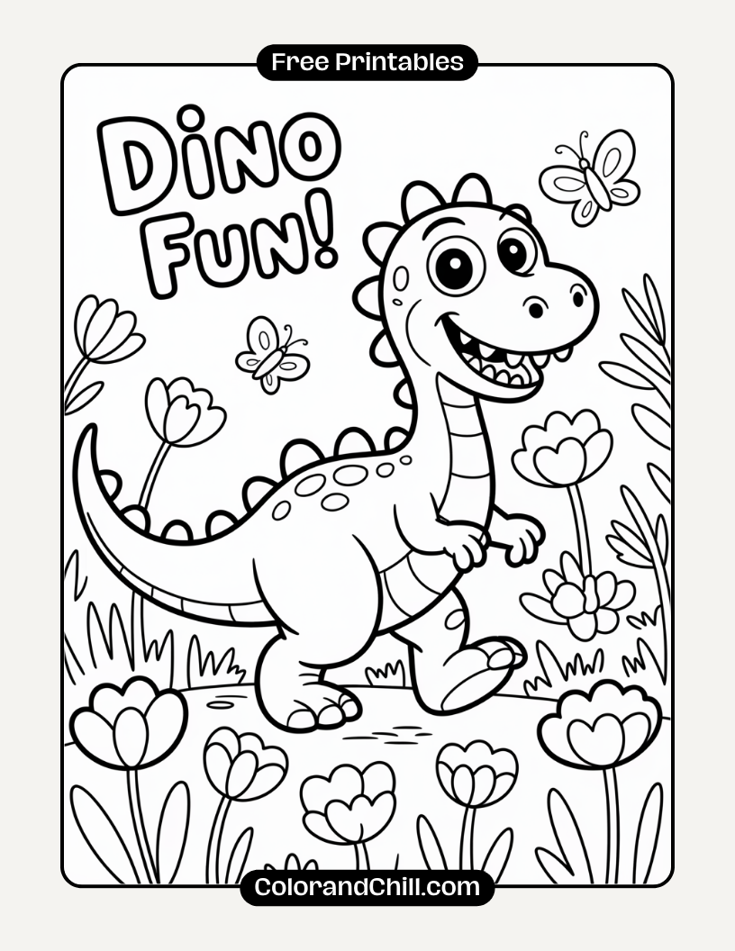 2.Spiky-Dinosaur-Exploring-a-Flower-Field-Coloring-Page-1