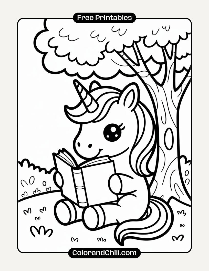 2.Unicorn-Reading-a-Book-Under-a-Tree-Coloring-Page