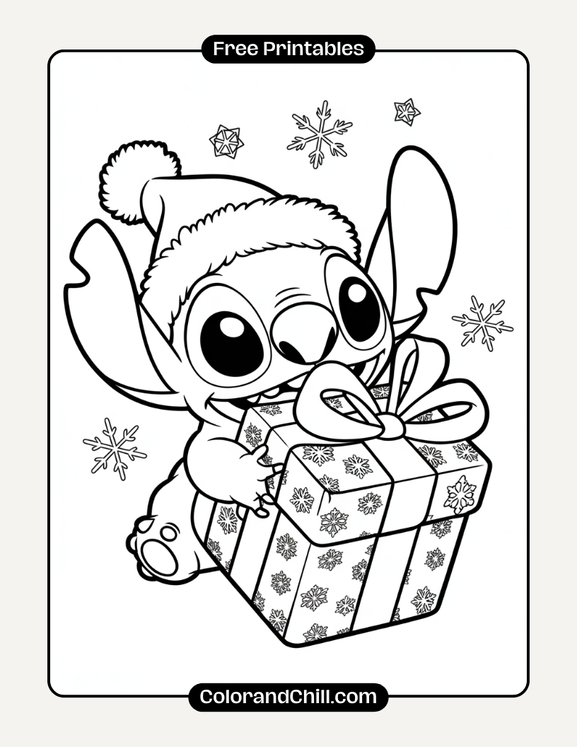 3.Stitch-Wearing-a-Santa-Hat-and-Holding-a-Present-Coloring-Page