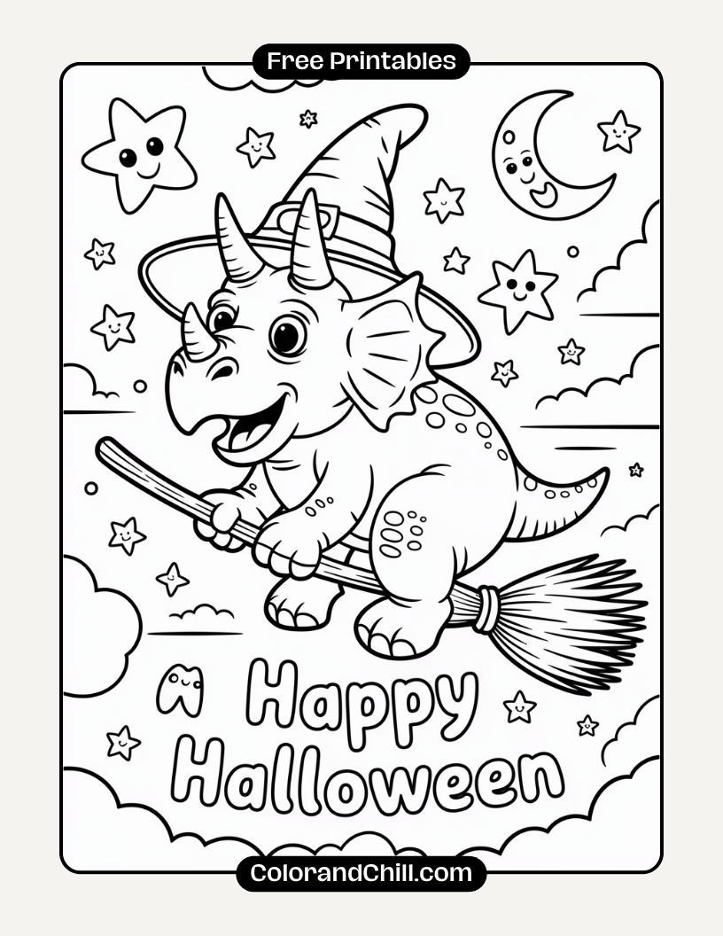3.Triceratops-Wearing-a-Witch-Hat-Flying-on-a-Broom-Coloring-Page