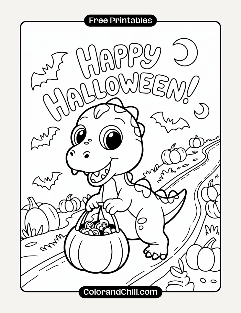 4.Dinosaur-Trick-or-Treating-with-Candy-Bag-Coloring-Page