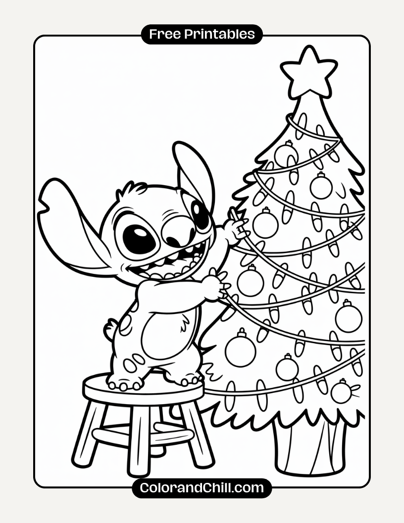 4.Stitch-Decorating-a-Christmas-Tree-with-Lights-Coloring-Page