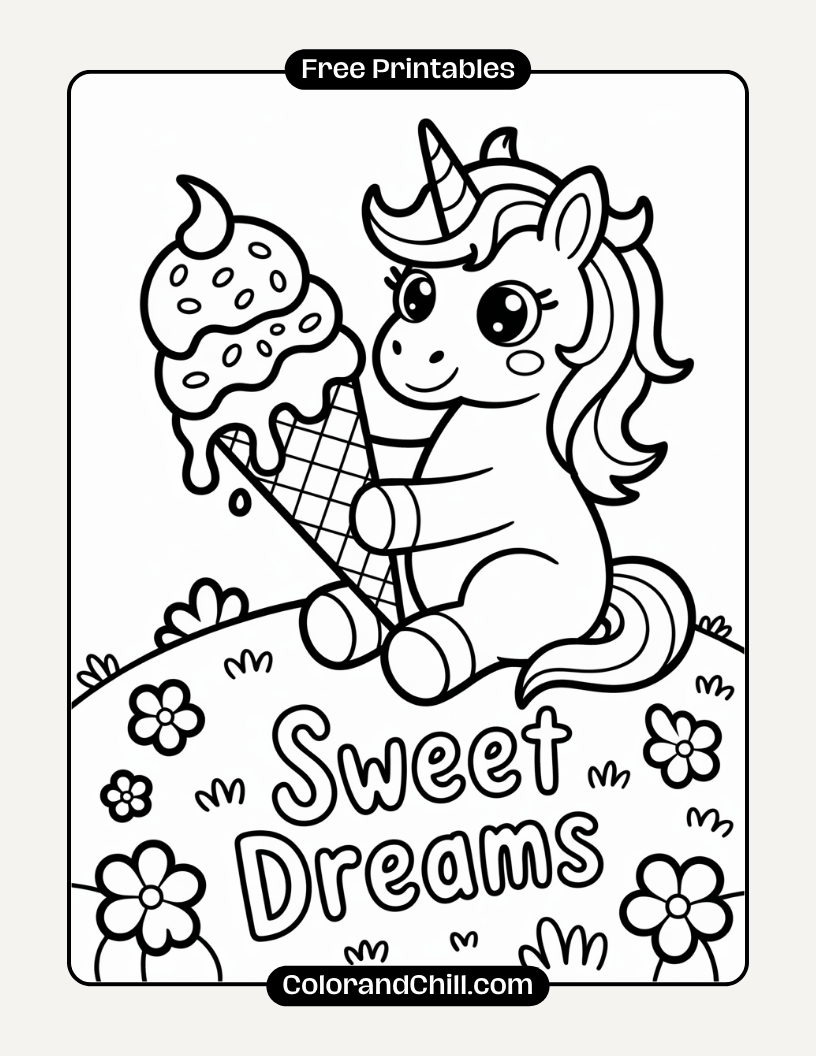 4.Unicorn-Eating-Ice-Cream-on-a-Sunny-Day-Coloring-Page