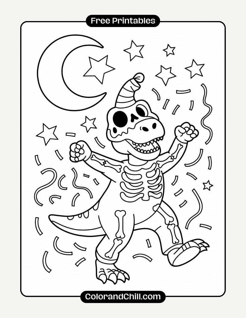 5.Spooky-Skeleton-Dinosaur-Dancing-Under-the-Moon-Coloring-Page