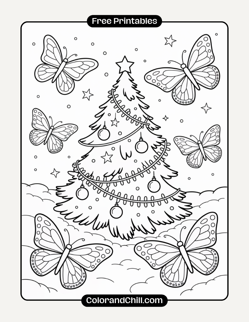 6.Butterflies-Dancing-Around-a-Decorated-Christmas-Tree-Coloring-Page