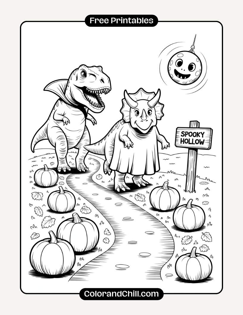 6.Two-Dinosaurs-in-Costumes-Going-Door-to-Door-Coloring-Page