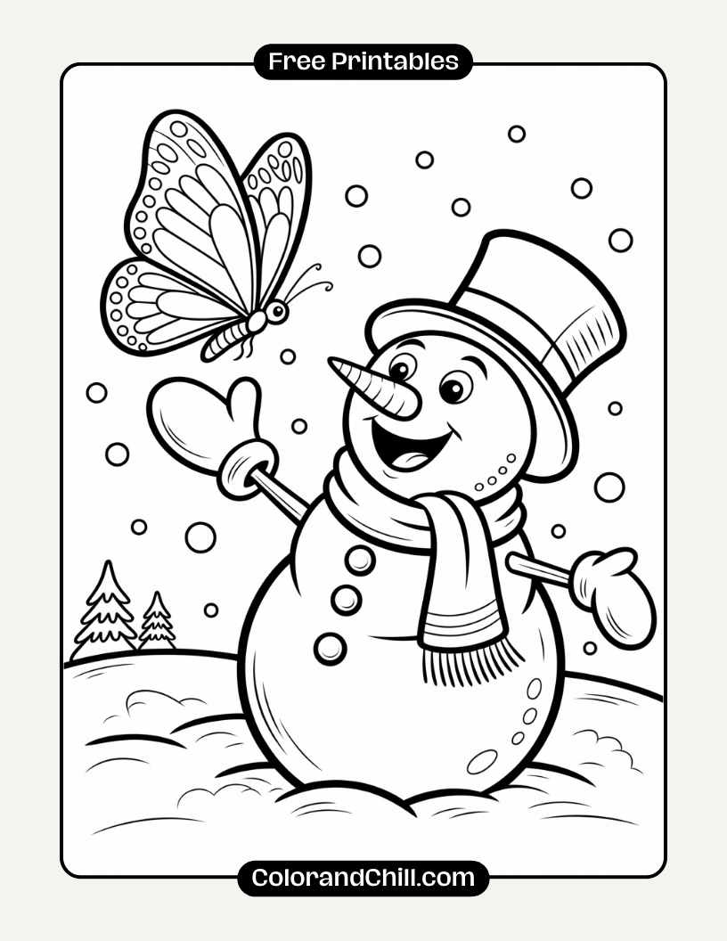 7.Butterfly-and-a-Snowman-Holding-Mittens-Coloring-Page