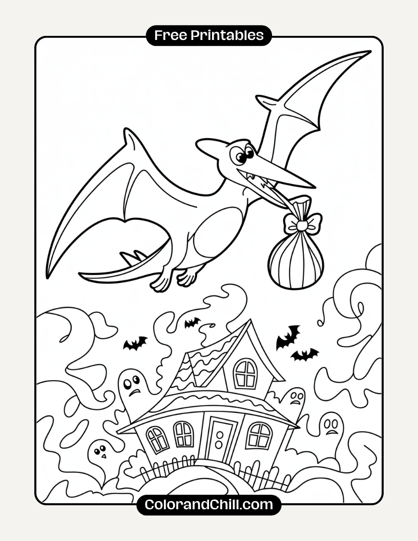 7.Pterodactyl-Carrying-a-Candy-Bag-Flying-over-Haunted-House-Coloring-Page