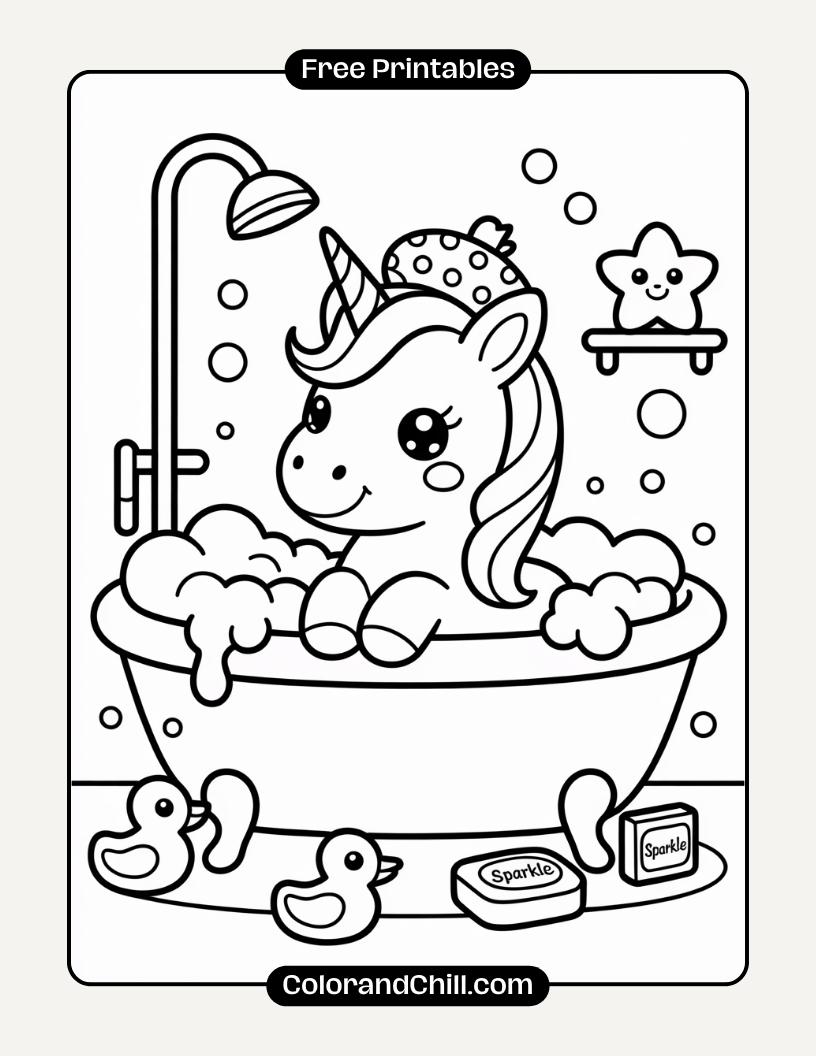 7.Unicorn-Taking-a-Bubble-Bath-Coloring-Page