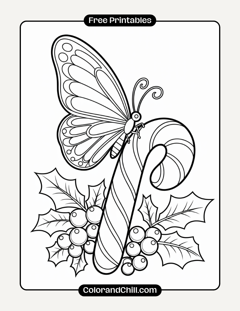 8.Butterfly-Flying-Past-a-Sleigh-Full-of-Presents-Coloring-Page-1