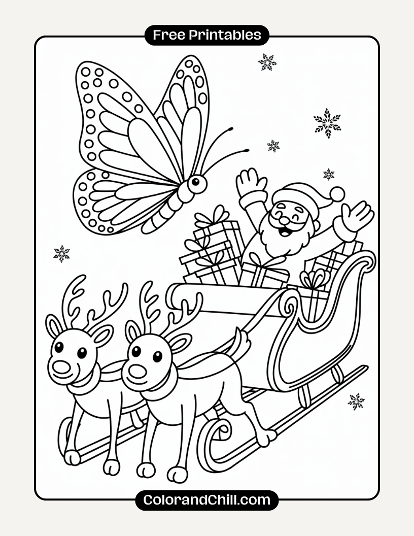 8.Butterfly-Flying-Past-a-Sleigh-Full-of-Presents-Coloring-Page