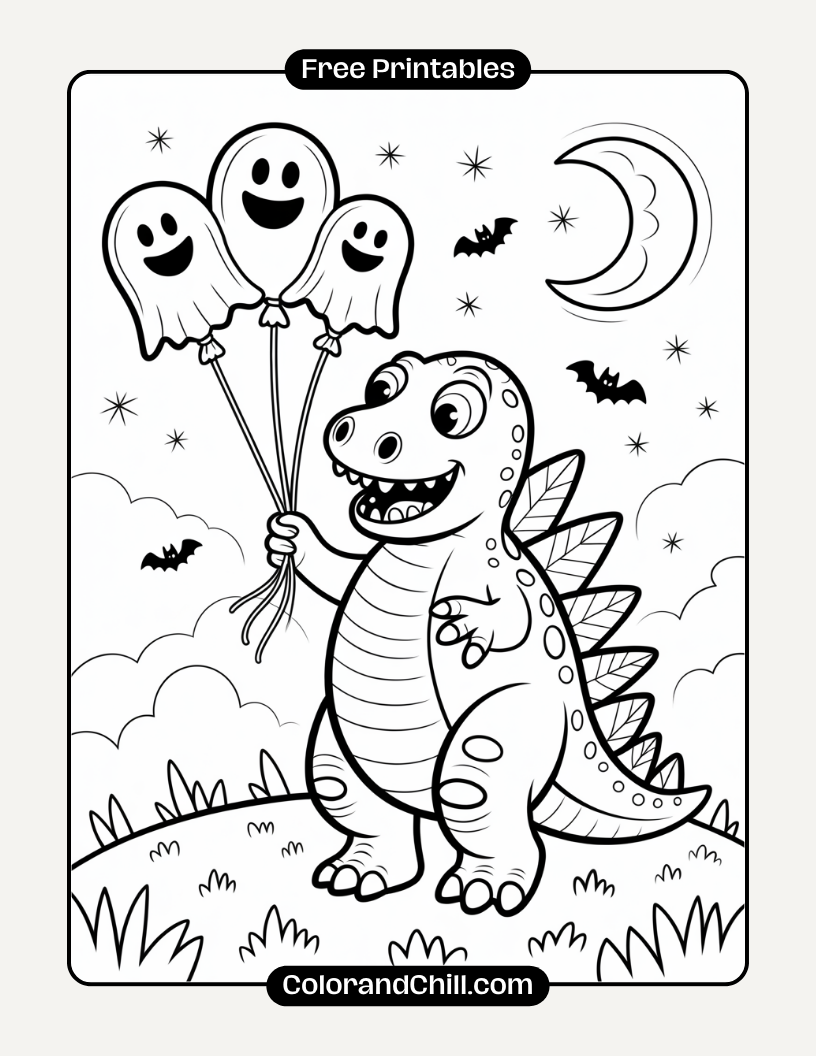 8.Stegosaurus-Surrounded-by-Floating-Ghost-Balloons-Coloring-Page