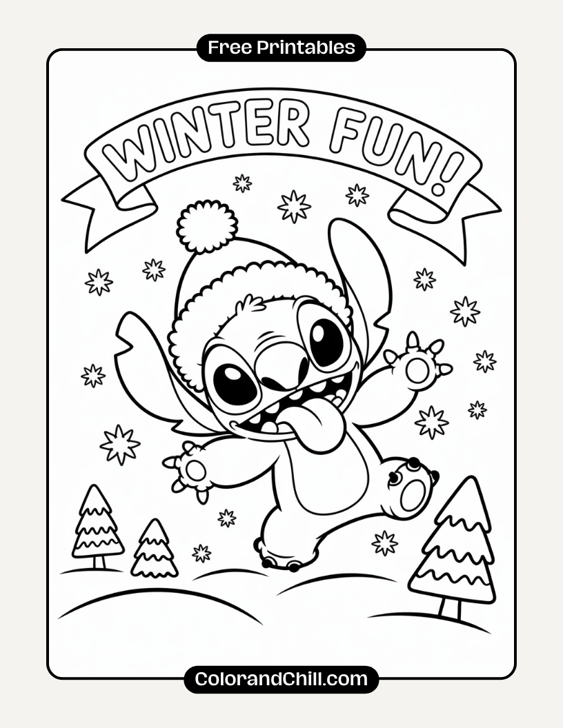 8.Stitch-Catching-Snowflakes-with-His-Tongue-Coloring-Page