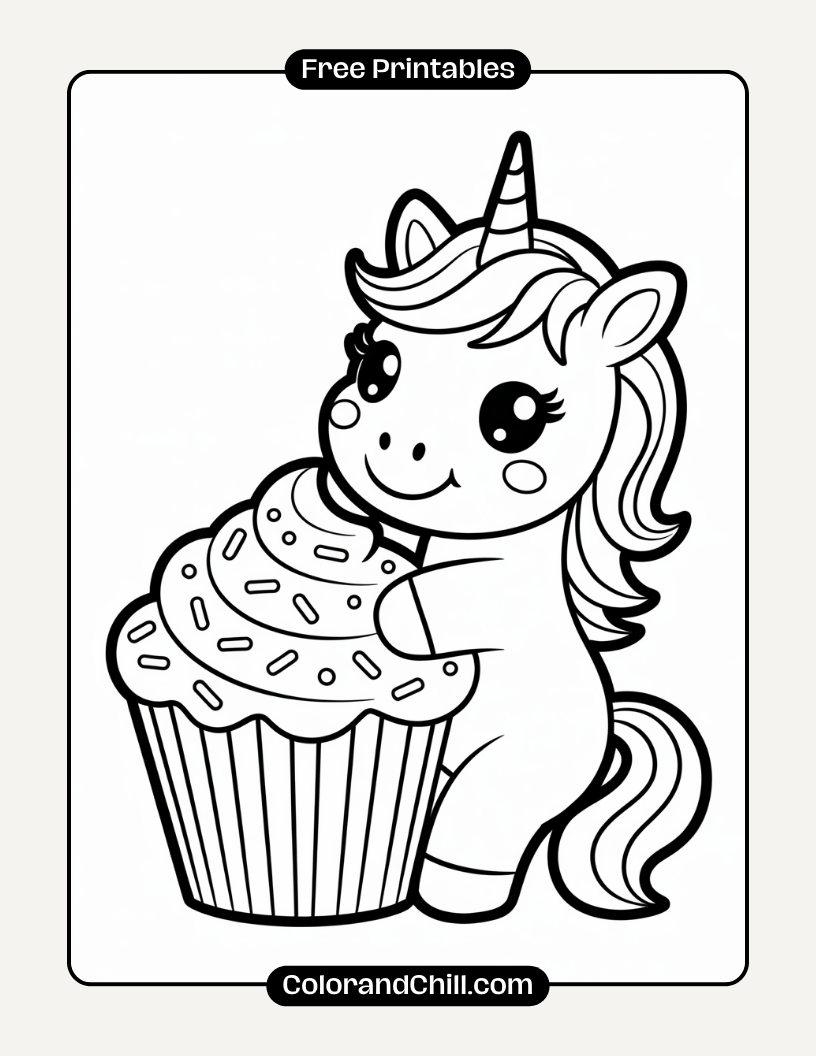 8.Unicorn-Eating-a-Giant-Cupcake-Coloring-Page
