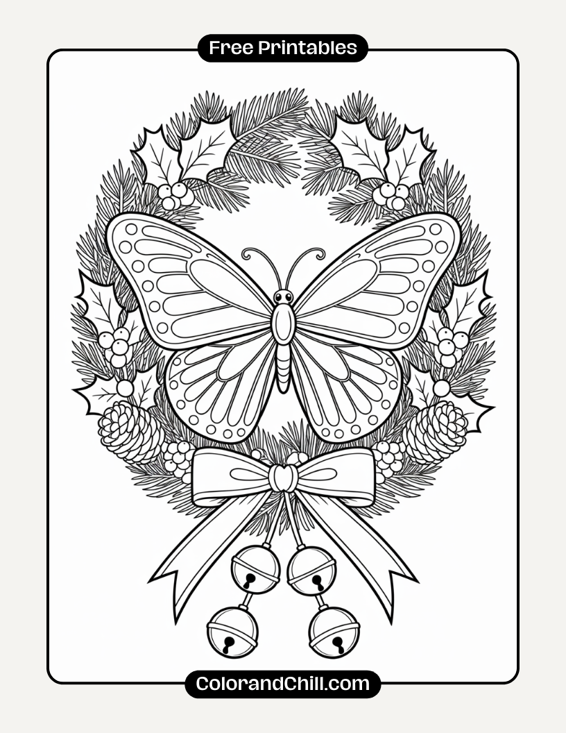 9.Butterfly-on-a-Christmas-Wreath-with-Ribbon-and-Bells-Coloring-Page