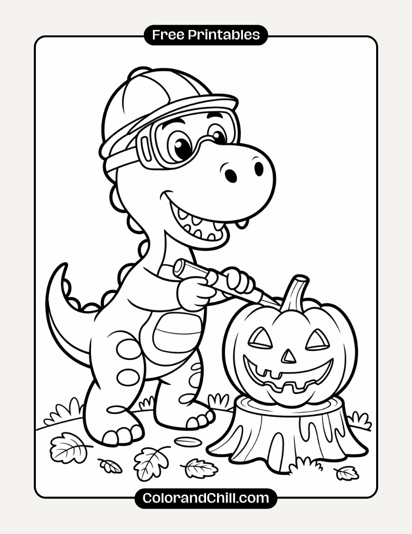 9.Dinosaur-Carving-a-Pumpkin-with-Funny-Face-Coloring-Page