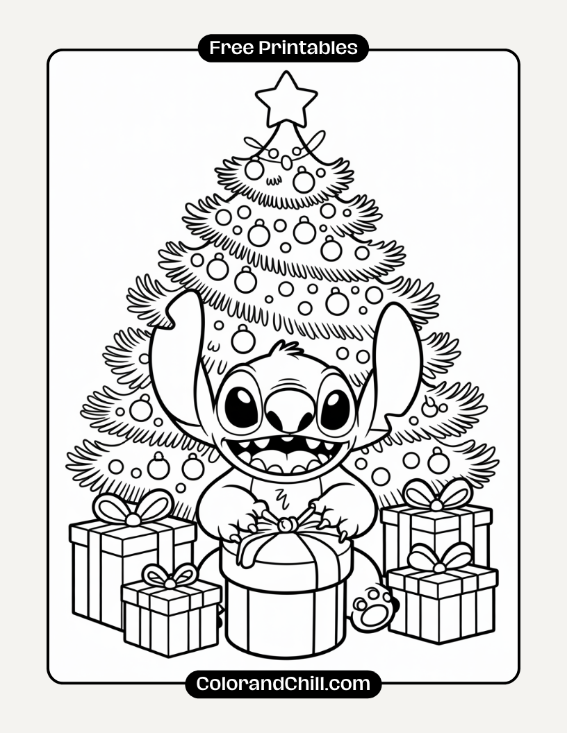 9.Stitch-Sitting-by-a-Christmas-Tree-with-a-Present-in-His-Lap-Coloring-Page